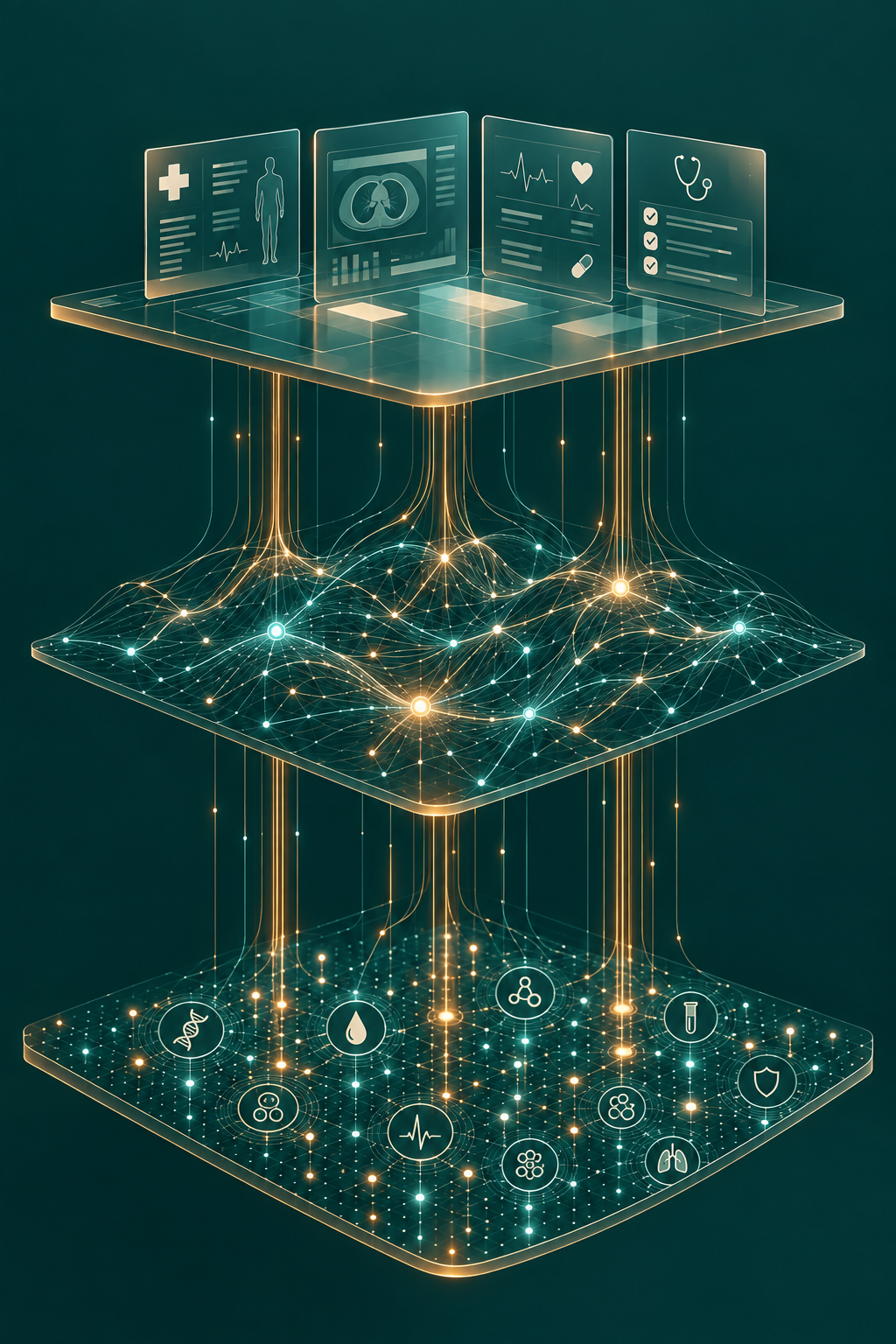 Abstract representation of interconnected health technology layers: data, biomarkers, and clinical insights connected by light pathways